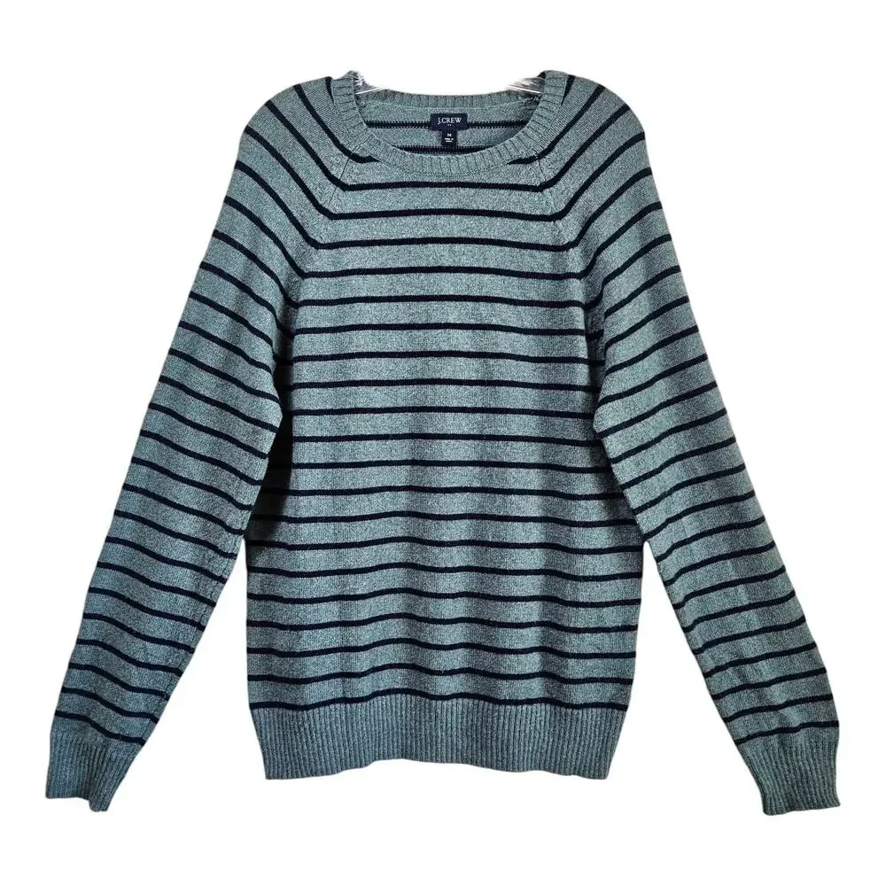 J Crew Men's M Sweater Lambs Wool Blend Green Blue Striped Long Sleeve Preppy 42